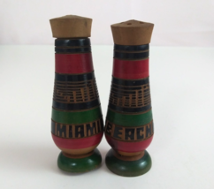 Vintage Miami Beach Colorful Hand Carved Wooden Salt &amp; Pepper Shakers Me... - $9.69