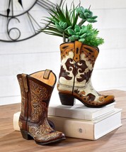 Cowboy Boot Vases Set 2 Rustic 6.6" High Brown Cream Resin Country Western Decor image 2