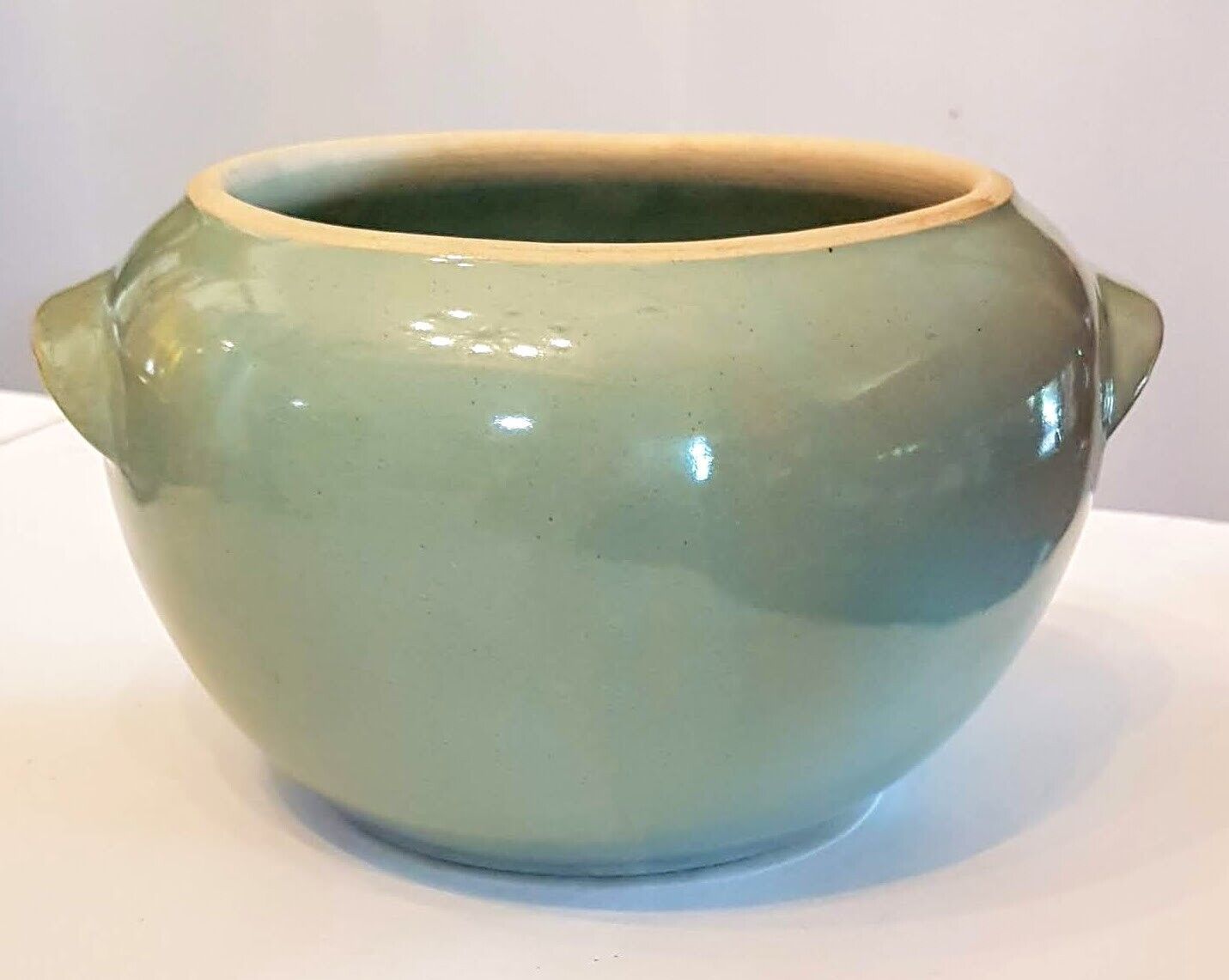 Primary image for UHL Stoneware Pottery Crock Sage Green Glazed Tab Handle Open Bean Pot 7.5" diam