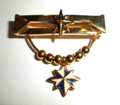 Bar Pin w Beads &amp; Star Dangle Blue/White Enamel Gold-Tone Charm Scarf Lapel Pin - £14.37 GBP