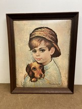 Vintage BIG EYE WALL ART Medeiros Framed Print Boy Tom Sawyer mid centur... - $19.99