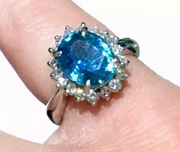 Solid Platinum Natural Blue Zircon VS Diamond Halo Platinum blue engagem... - £3,197.16 GBP