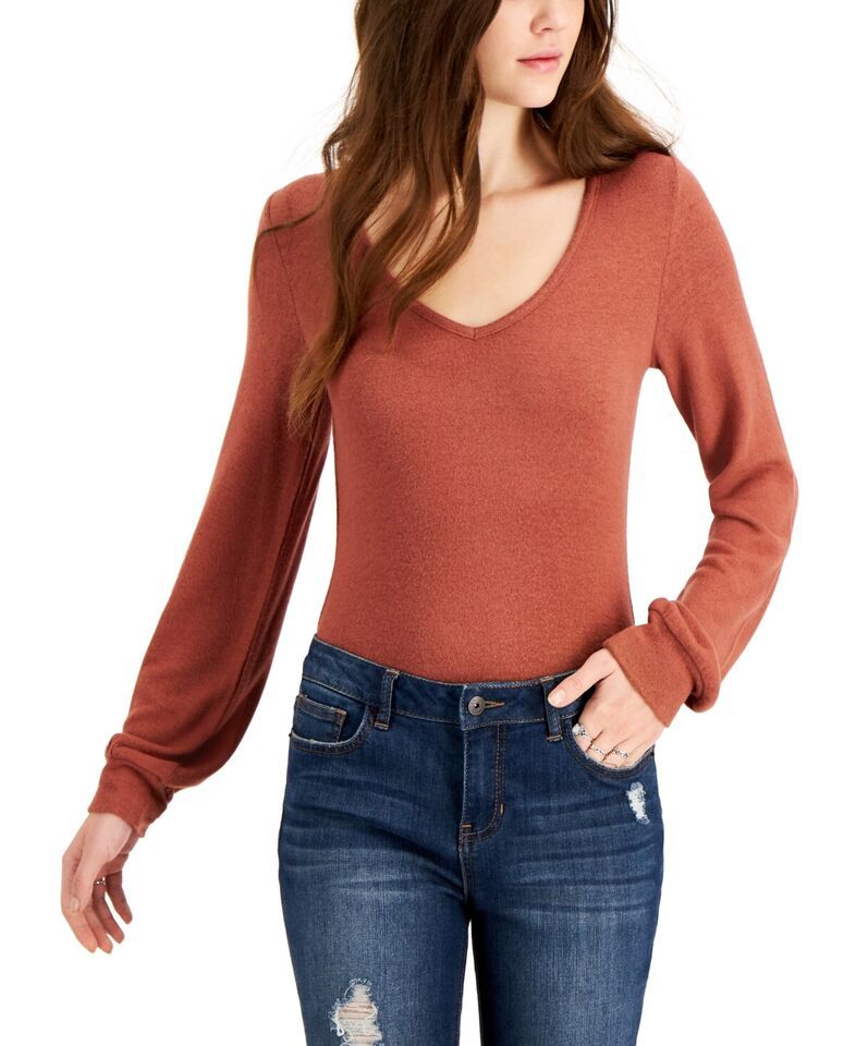 MSRP $29 Self Esteem Juniors&#39; Balloon-Sleeve Cozy Bodysuit Brown Size Me... - $13.53