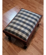 Vintage Wood Bombay Footstool Blue White Gray Classic Plaid Pattern 17&quot;x... - $74.76