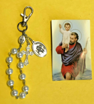 Saint Christopher Faux Pearls 1 decade Rosary Clip + Prayer Card, New ,#... - $7.57