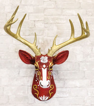 Sweet Rose Red Parade Buck Stag Deer Golden Antlers Scrollwork Wall Decor Plaque - £56.01 GBP
