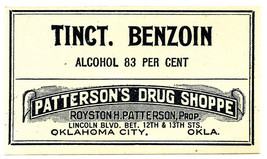 Antique Pharmacy Label TINCTURE BENZOIN Patterson&#39;s Drug Shoppe Oklahoma... - £18.07 GBP