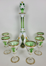 Vtg Bohemian Glass Decanter Cordial Set White Cased Cut to Green Painted Florals - £233.71 GBP
