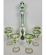 Vtg Bohemian Glass Decanter Cordial Set White Cased Cut to Green Painted... - £233.54 GBP