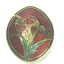 Vintage Cloisonné Lily Flower Brooch Pin Red Green  - $14.00