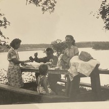 Found Black And White Family Picnic At Lake 1930s - £7.07 GBP