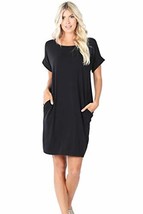 Zenana Rolled Short Sleeve Round Neck Dress Black Large - £17.16 GBP