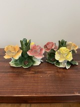 CAPODIMONTE Candle Stick Holders NUOVA Rose Floral Vintage Italy Home Decor - £46.65 GBP