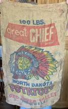 Vintage North Dakota Potatoes Burlap Farm Sack 20in x 32in Indian Chief Face  - £79.01 GBP