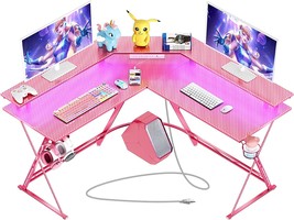 Seven Warrior Gaming Desk 50.4” With Led Strip &amp; Power Outlets, L-Shaped, Pink - £145.47 GBP