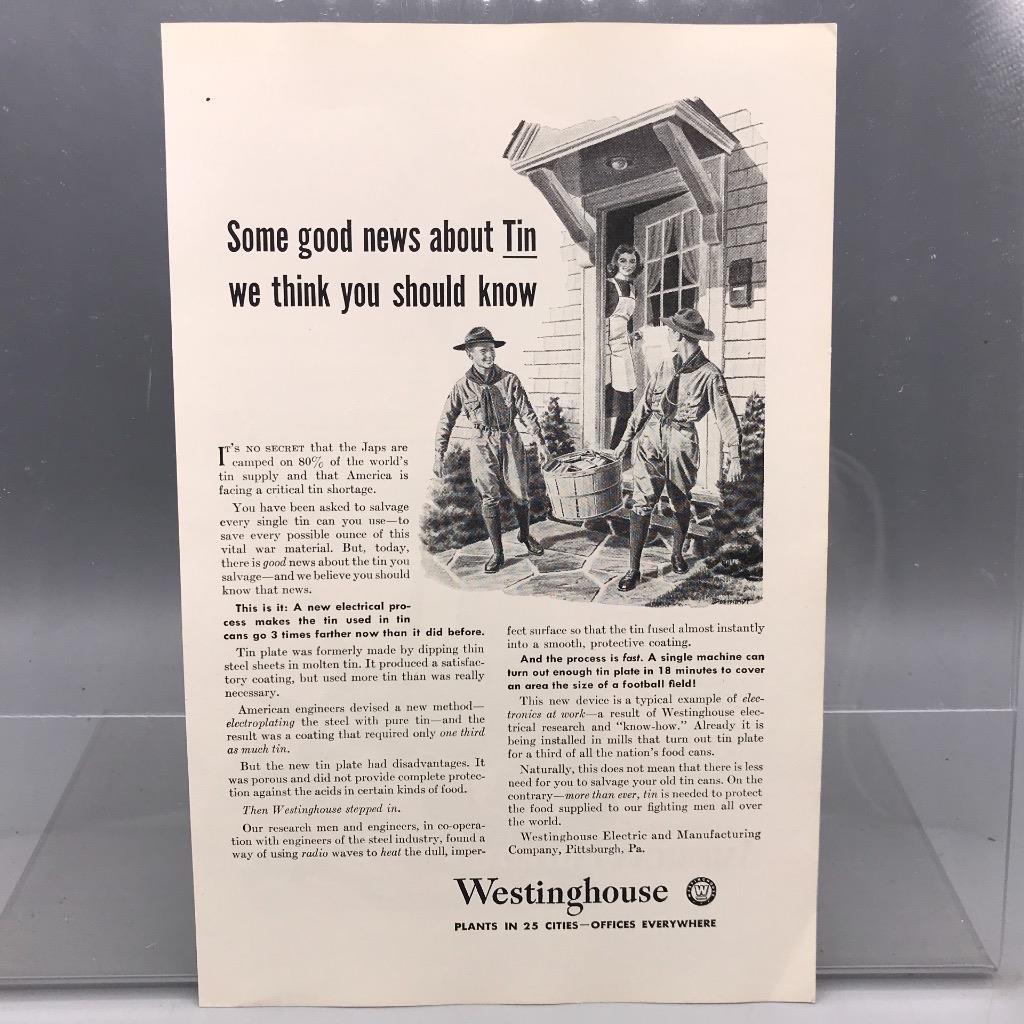 Primary image for Vintage Magazine Ad Print Design Advertising Westinghouse Tin Plate WWII Era