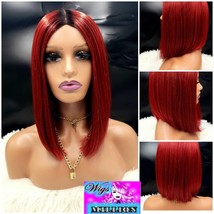 Remy Ma" 1b/Red Glueless Slanted heat resistant Bob lace middle part wig Hair lo - $59.00