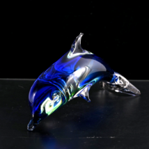 Hand Blown Art Glass Dolphin Blue Clear Figurine Paperweight Decor Nautical 8&quot; - £14.98 GBP