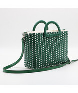 Hand-woven straw bag green white color matching beach bag rattan Shoulder bag Wo - $48.74