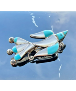 ZUNI 925 STERLING SILVER TURQUOISE AND MOTHER OF PEARL BIRD BROOCH PENDANT - $214.64 CAD