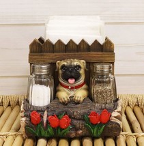 Panting Pug Dog By Fences &amp; Flower Bed Dinner Napkin Salt Pepper Shakers... - $35.99