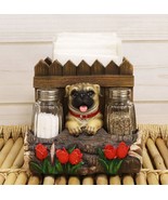 Panting Pug Dog By Fences &amp; Flower Bed Dinner Napkin Salt Pepper Shakers... - £28.32 GBP