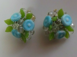 Vintage Signed W. Germany Blue Flowers &amp; Green Leaves Beads clip-on Earr... - £17.36 GBP