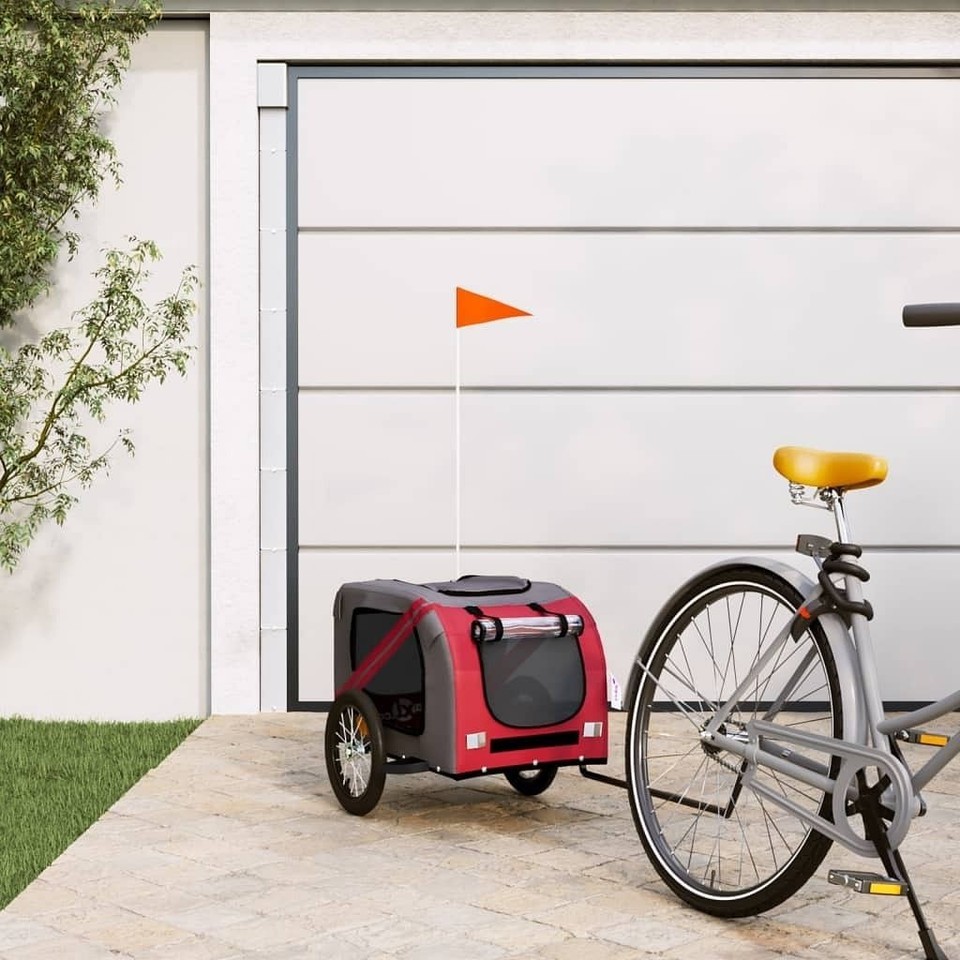 vidaXL Pet Bike Trailer Red and Grey Oxford fabric, iron, PVC Foldable - $137.57