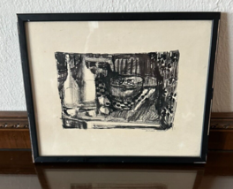 Vtg 10.5&#39;&#39; x 8.5&#39;&#39; Food &amp; Drink Abstract Sketch on Paper Artist Richard ... - $94.85