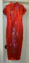 Mode Tang Small Asian Oriental Red Faux Silk Long Dress Embroidered Peacock - £15.56 GBP