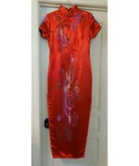 Mode Tang Small Asian Oriental Red Faux Silk Long Dress Embroidered Peacock - £15.73 GBP