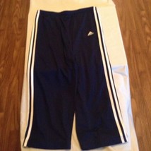 Size medium Adidas capri pants elastic waist blue sports white stripes ladies - £8.78 GBP