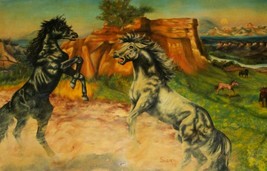 1974 Susan Wild Horses Pony Mare Stallion Oil Canvas Painting Cowboy Western Art - £121.38 GBP