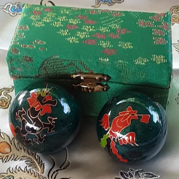 Baoding Therapy Balls Cloisonne Finish Green With Dragon Firebird Yin Yang Used - £11.98 GBP
