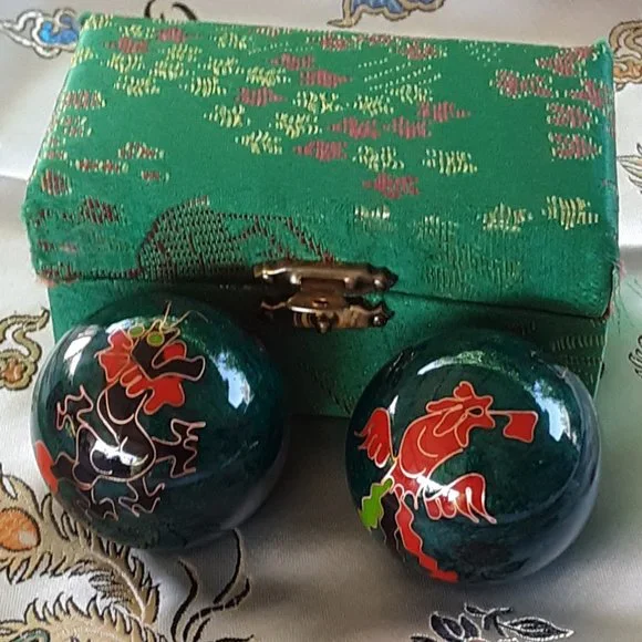 Baoding Therapy Balls Cloisonne Finish Green With Dragon Firebird Yin Ya... - £11.96 GBP