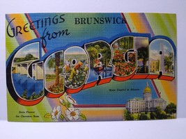 Greetings From Brunswick Georgia Large Letter Linen City Postcard Unused Tichnor - £7.85 GBP