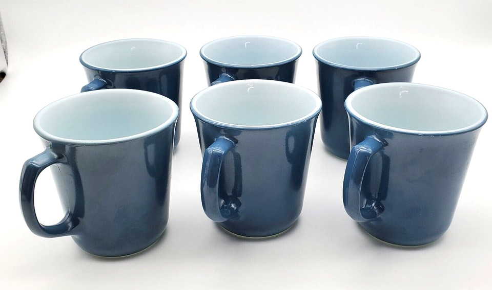 Vintage Pyrex Coffee Mugs Set 6 Milk Glass Blue Coffee Cups USA VG Condition - $23.96