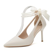 Elegant Ladies White Pearls Ankle Strap Pumps for Wedding Women Silk Back Bowtie - £28.92 GBP