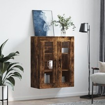 Industrial Rustic Smoked Oak Wooden Wall Mounted Storage Cabinet 2 Glass Doors - £87.87 GBP