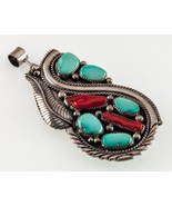 Rare! Navajo Sterling Turquoise &amp; Coral Double-sided pendant 93 mm Long - $2,502.60 CAD