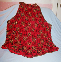 Vtg. Papell Boutique Evening Red 100 % Silk Beaded Sequin Sleeveless Top-Size L - £25.47 GBP