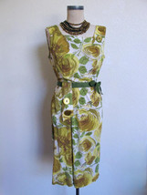 Vtg 50s 60s Bombshell Wiggle Dress XS Stretch Nylon Jersey w Yellow Roses S - $34.99