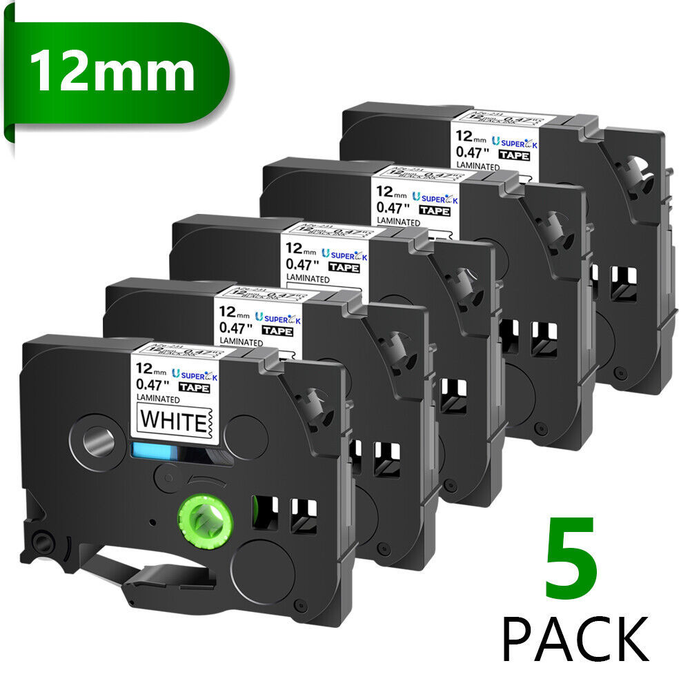 5Pk Tze Black On White Label Tape For Brother P-Touch Pt-D200 12Mmx8M