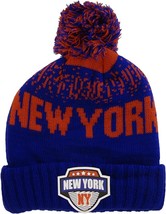 New York City Name Rubber Patch Ribbed Winter Knit Pom Beanie (Royal/Red) - £15.90 GBP