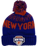 New York City Name Rubber Patch Ribbed Winter Knit Pom Beanie (Royal/Red) - £15.94 GBP