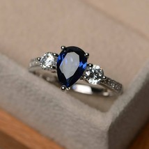 3CT Pear Cut Blue Sapphire &amp; Zircon Trilogy Engagement Ring in 925 Silver Size 7 - £107.90 GBP