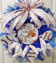 Handmade Blue White Deco Mesh Baseball Summertime Wreath 22 inches - $46.40