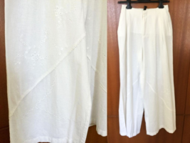 ZARA WHITE WIDE LEG PLEATED EMBROIDERED LINEN/COTTON PANTS - XS-S - $1,516.17 MXN
