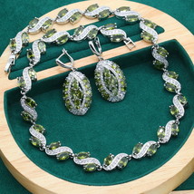 Necklace 925 Silver Jewelry Sets for Women Wedding Exquisite Olive Green Zircon  - £39.58 GBP