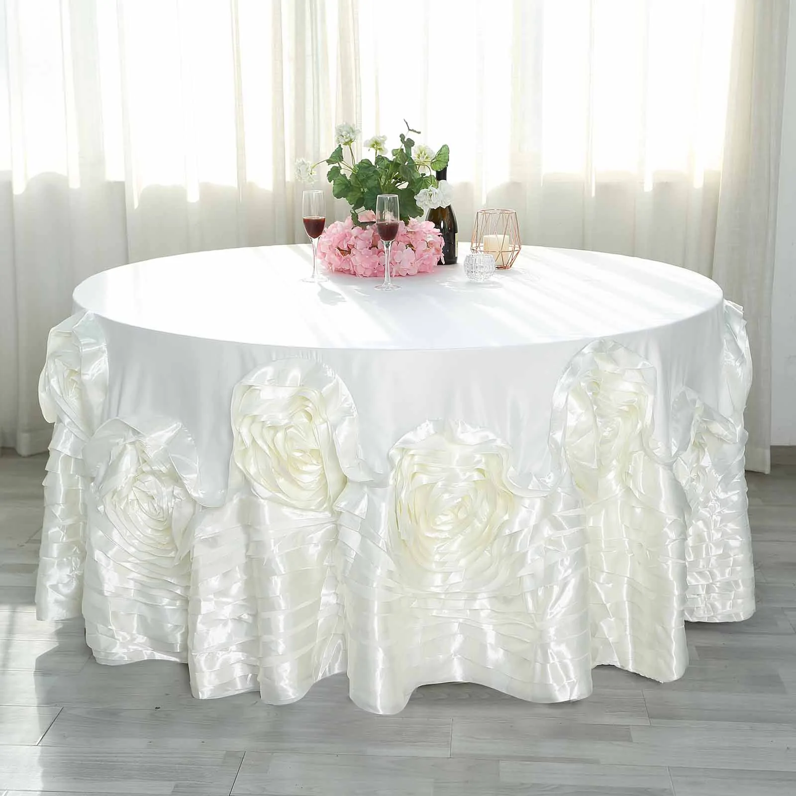 Ivory - 132&quot; Tablecloth Large Rosette Round Lamour Satin Wedding Party - £96.17 GBP